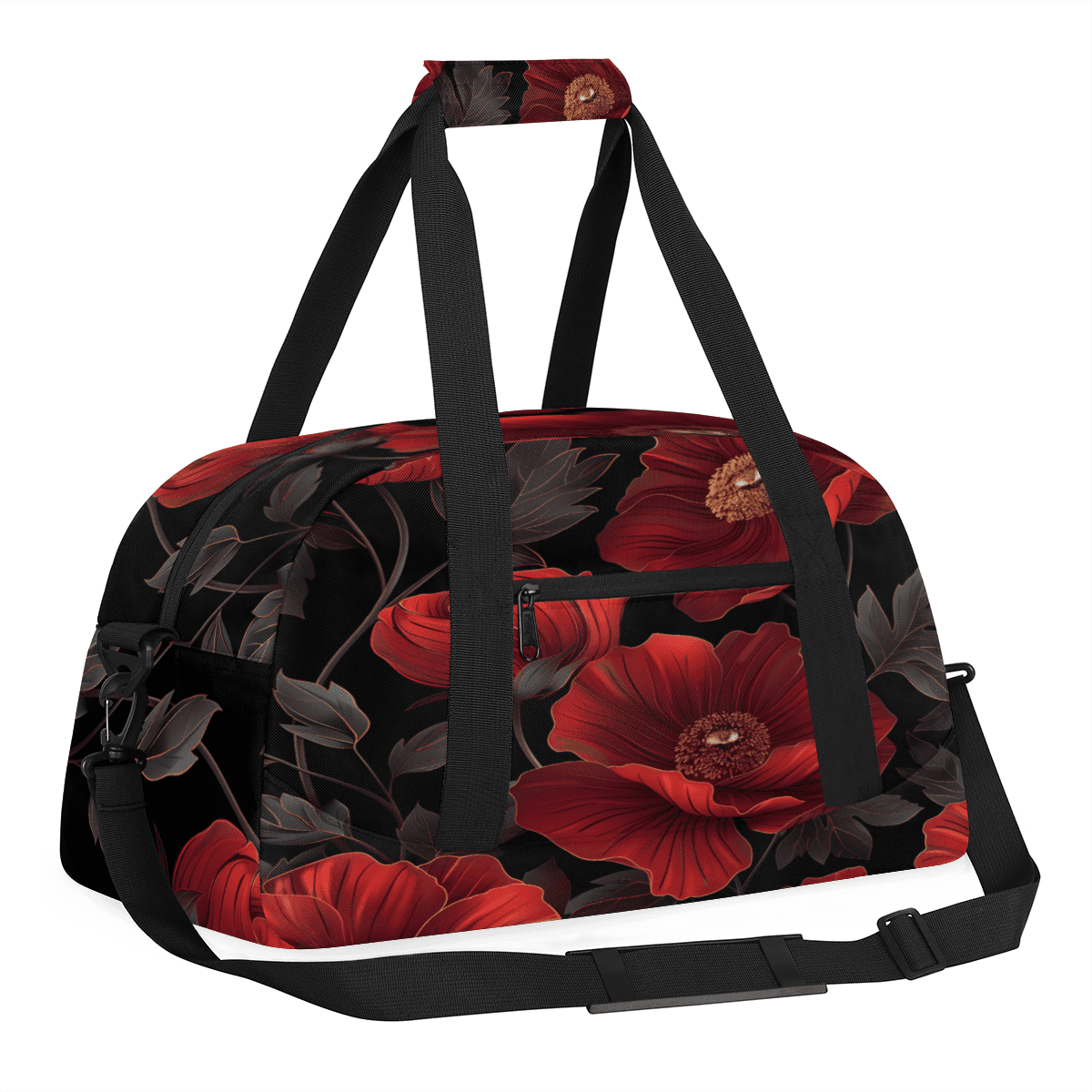 Herdesigns Red Floral Sports Duffle Bag for Women & Men, Poppy Gym Bag Dance Bag Overnight Bag Carry On Weekender Travel Bag