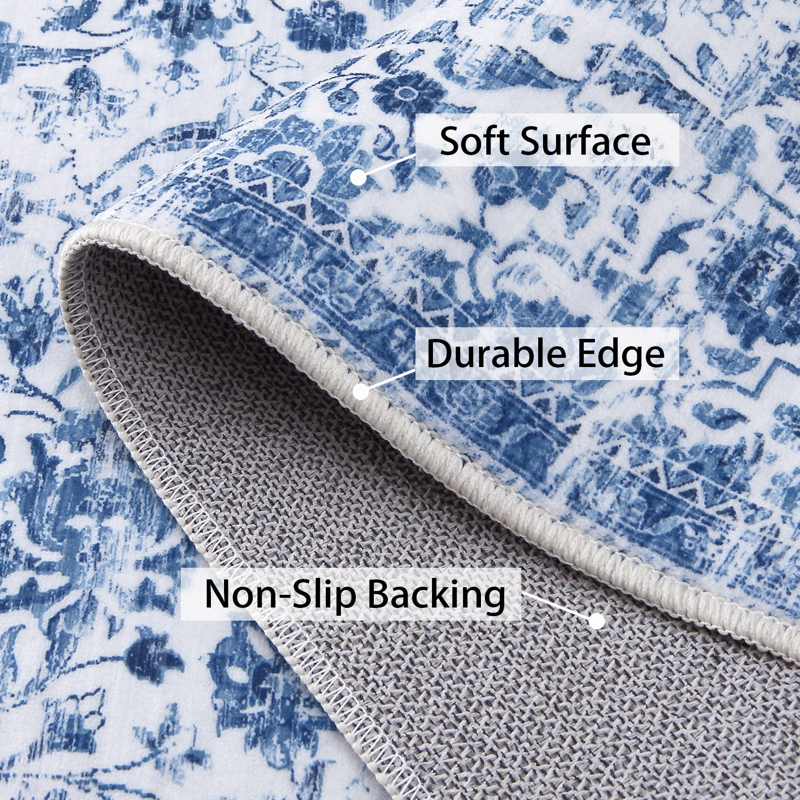 Hasoo Large Area Rug 9' x 12' Blue Multi Vintage Rug Flodable Thin Rug Retro Distressed Carpet Floral Print Boho Rug for Kitchen Bedroom Living Room Dining Room