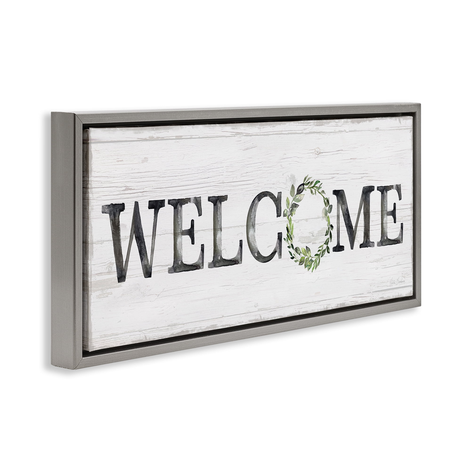Stupell Industries Welcome with Floral Wreath Text & Numbers Painting Gray Floater Framed Canvas Art Print Wall Art, 25 x 11