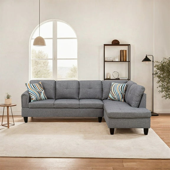 Hommoo Modern 4-seat Linen Sectional Couch Sofa, L Shaped Living Room Furniture Sets Sectional Couches and Sofas, Gray(No Ottoman)