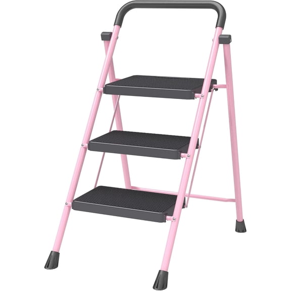 Pink 3 Step Stool Foldable – Heavy-Duty Foldable Step Stool for Adults, 500 lbs Capacity, Anti-Slip Feet & Wide Steps, Lightweight & Space-Saving Design for Home, Kitchen & Garage