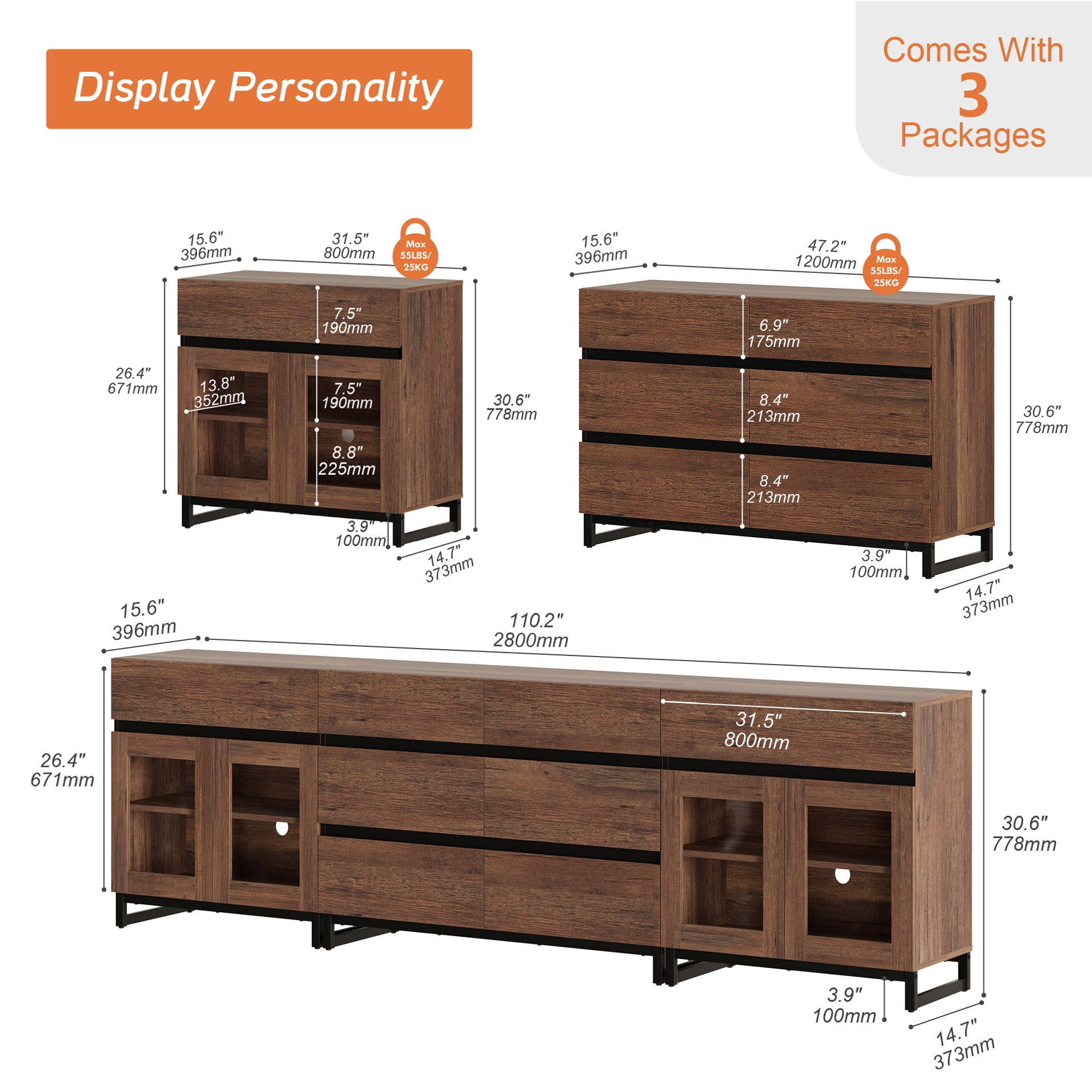 3 In 1 Multifunctional Dresser with Glass Doors & 7 Drawers, Modern Chest of Drawers with Adjustable Shelf and Metal Base, Household Storage Cabinet for Bedroom,Brown