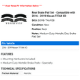 thumbnail image 2 of Rear Brake Pad Set - Compatible with 2016 - 2019 Nissan TITAN XD 2017 2018, 2 of 2
