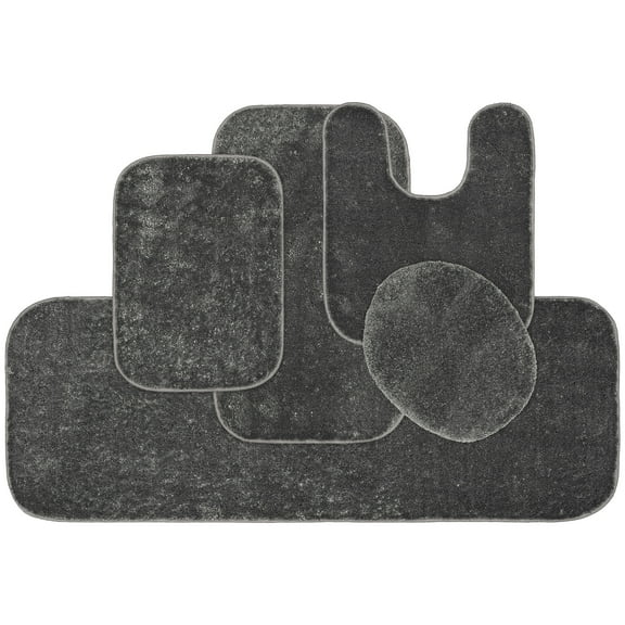 Garland Rug Gramercy Washable Bath Rug Set, 5 Piece (2 Bath Rugs, Contour, Lid Cover, & Runner Rug) Cinder Gray