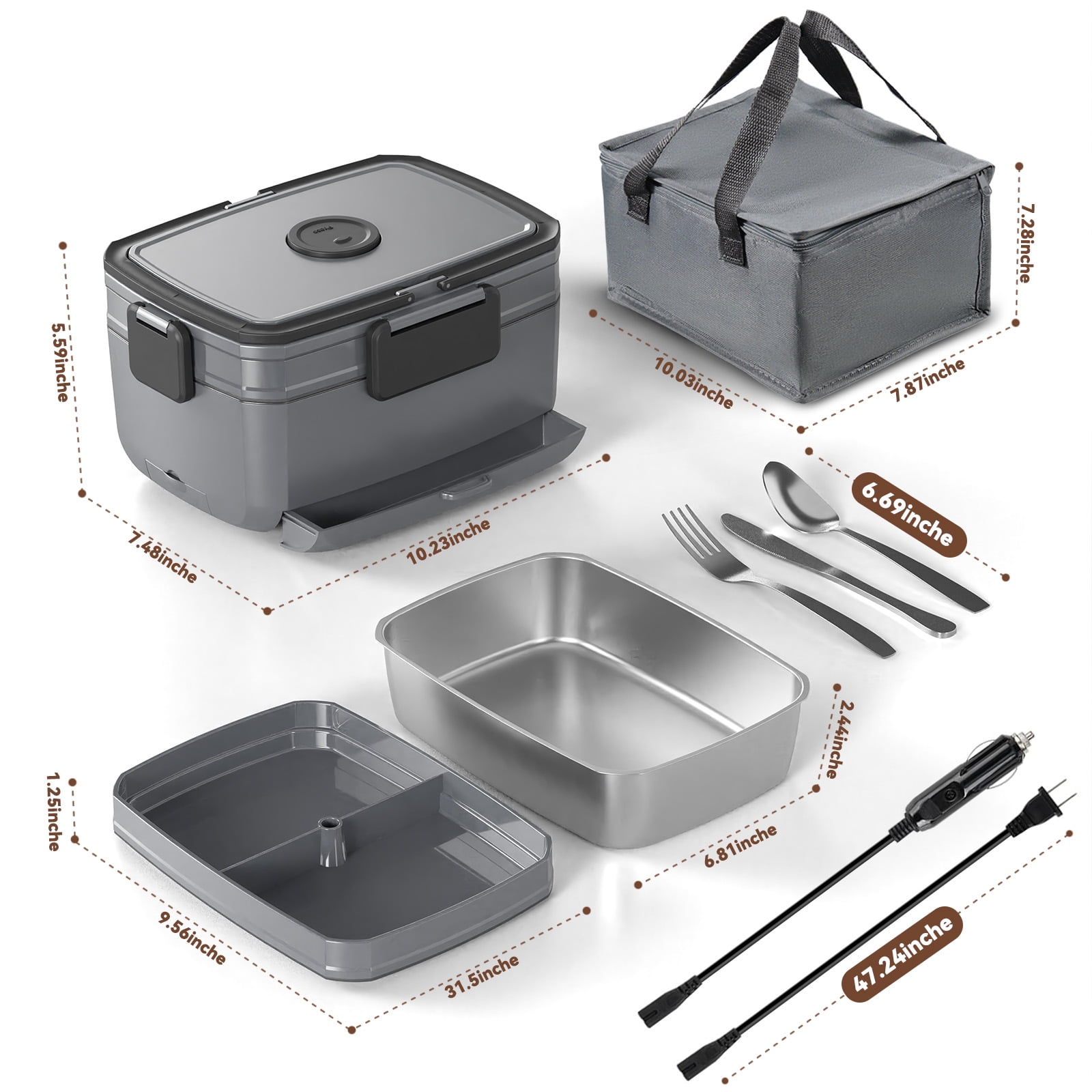 Electric Heated Lunch Box for Men - 3 Liters Double Layer Portable Food Warmer for Car Truck 90 W Self Heating Lunch Box for Adults Food Heater for Work Travel Camping lonchera,Dark Grey
