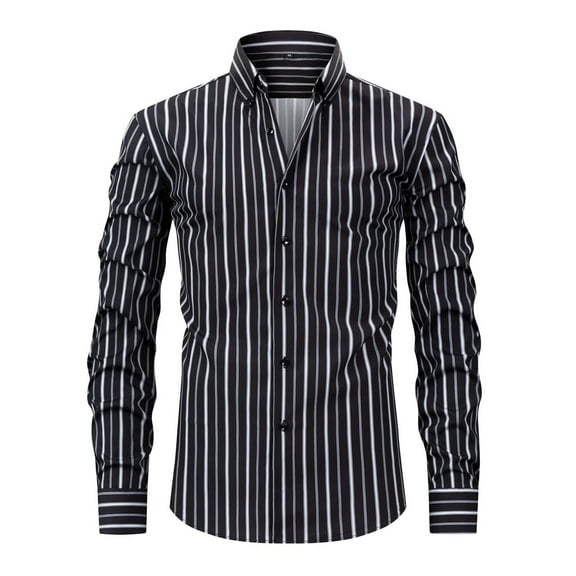 Mens Casual Striped Dress Shirts Stylish Long Sleeve Slim Fit Button Down Classic Shirt, Black, Size XL