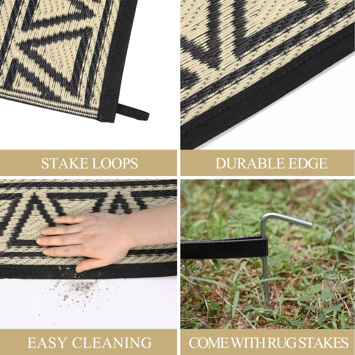 GlowSol 8'x10' Outdoor Rug Carpet Waterproof Reversible Patio Rug RV Camping Rug Plastic Straw Rug Outside Indoor Outdoor Boho Area Rug, Black Brown