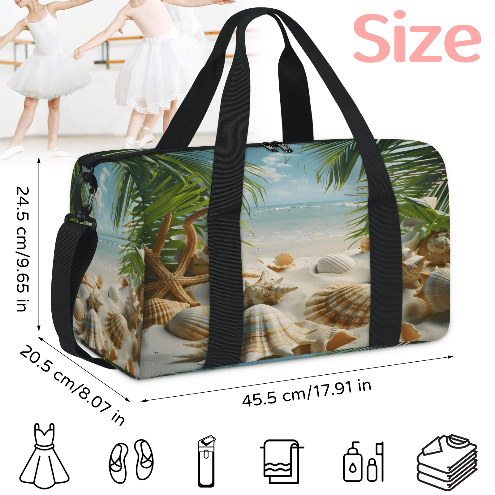 Herdesigns Ocean Beach Seashell Palm Tree Gym Bag for Women, Duffle Bag for Travel Sport, Lightweight Waterproof Carry on Weekender Overnight Dance Yoga Workout Bags
