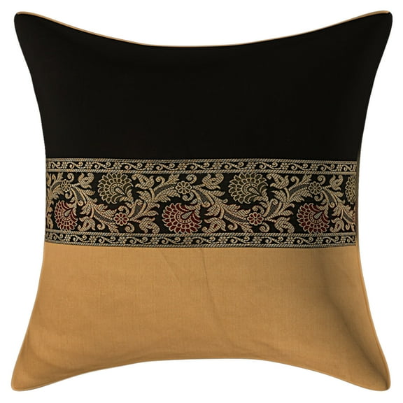 Stylo Culture Indian Settee Sofa Throw Pillow Cover 16 x 16 Brocade Jacquard Patchwork Black Beige Traditional 40 x 40 cm Bed Room Polydupion Floral Square Cushion Cover | 1 Pc
