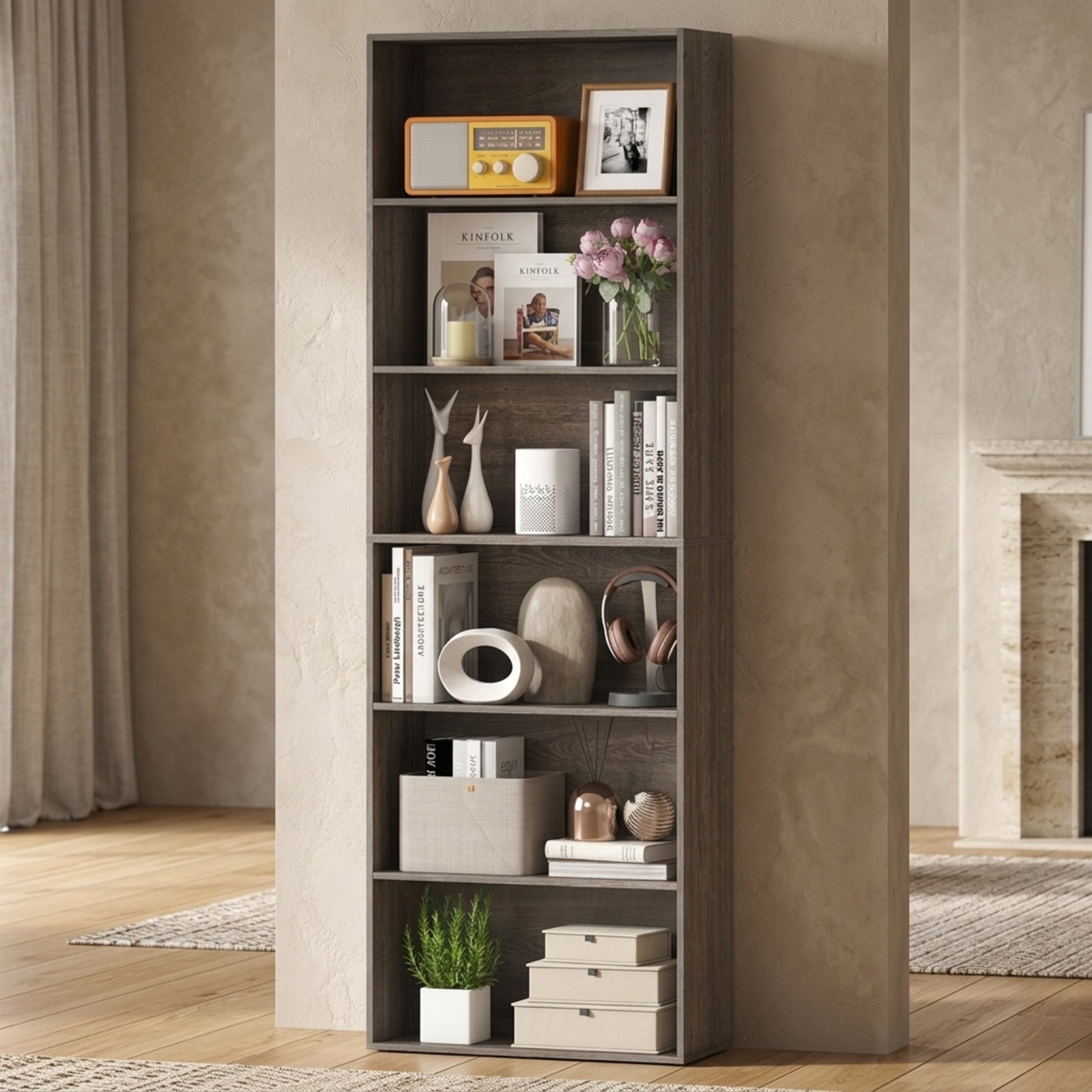 Furnibear 6-Tier Tall Bookcase with 6 Open Shelves and Anti-Toppling Kits Freestanding Wood Storage for Living Room Study and Office, Gray