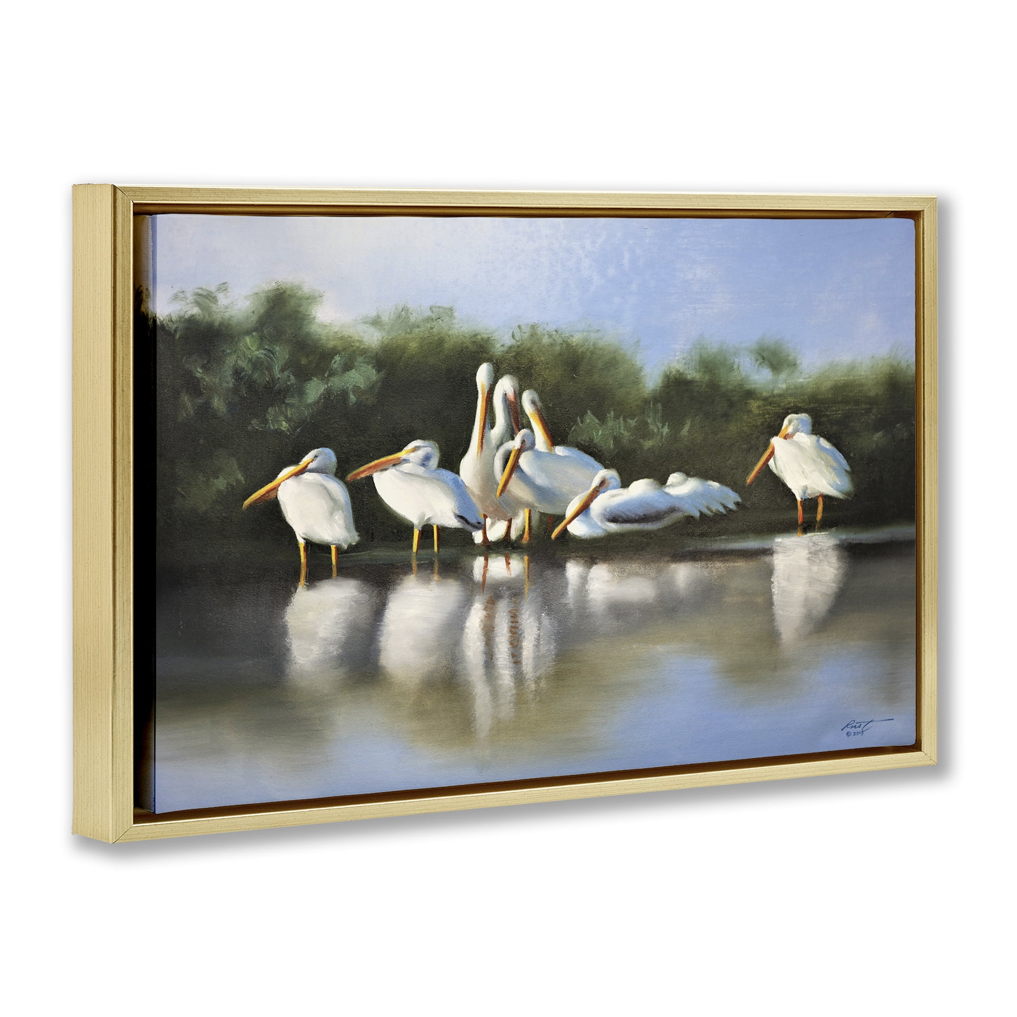 Stupell Industries White Pelicans Flock Animals & Insects Painting Gold Floater Framed Canvas Art Print Wall Art, 31 x 21