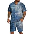 thumbnail image 2 of Men's 2 Piece Summer Outfit Casual Short Sleeve Button Down Shirt and Drawstring Shorts Set Texture Print Vacation Tracksuit, 2 of 6