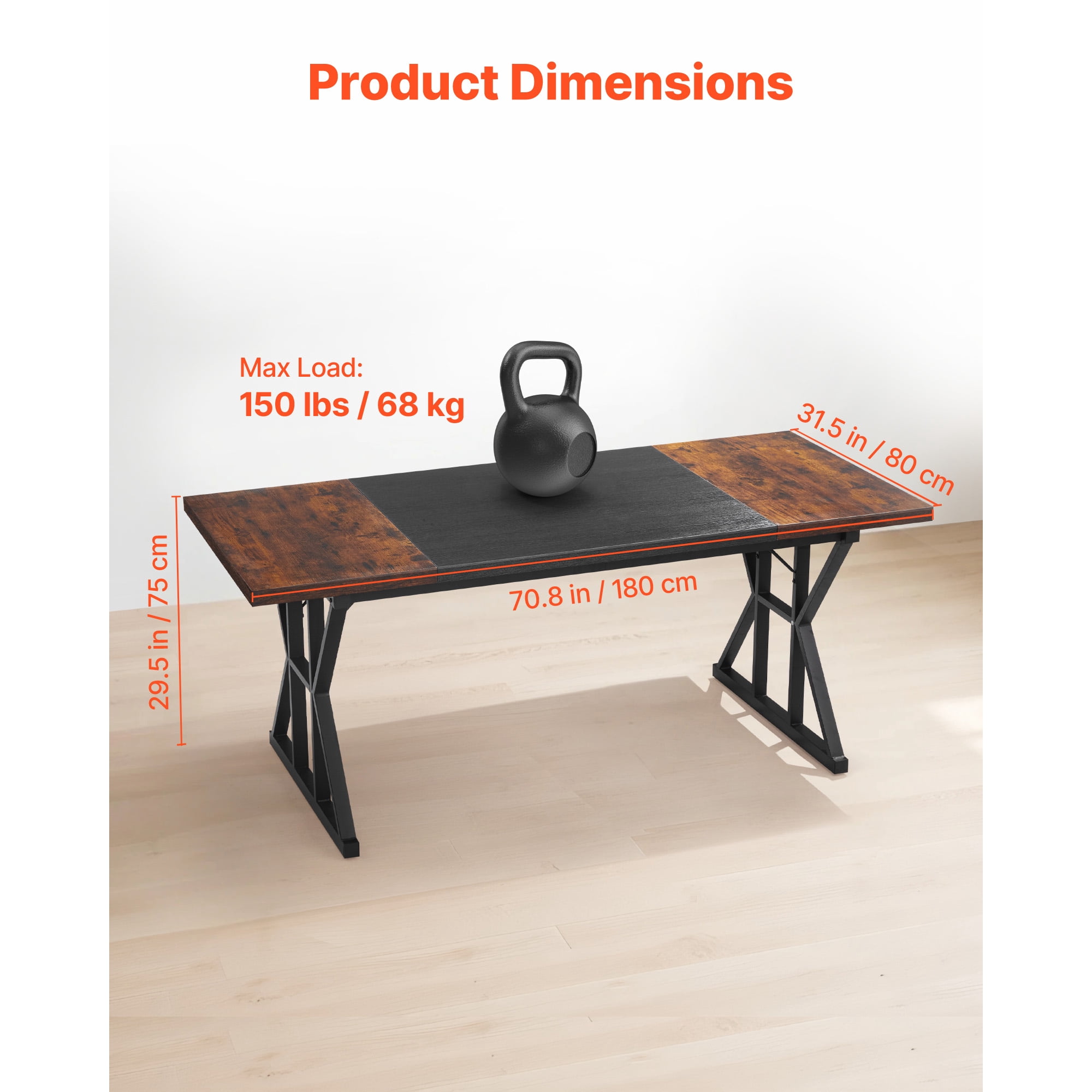 KFFKFF Executive Desk 70.9 x 31.5 inch, Spacious Computer Desk Workstation for Home Office, Modern Minimalist Wood Laptop Study Table with Metal Frame, Rustic Brown and Black Finish