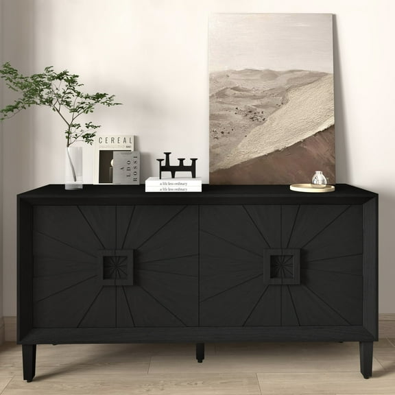 60" Premium Rustic Farmhouse Credenza in Elegant Black, Symmetrical Sunburst Door Design, Heavy-Duty TV Stand with Adjustable Shelves, Black Wood Storage Cabinet (Black)