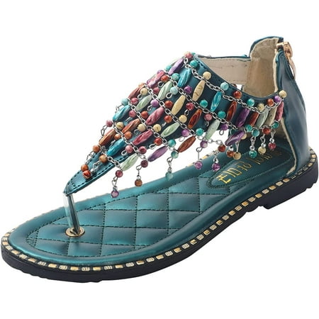 Women s Bohemian Beach Flats Gladiator Sandals Tassels Ankle Strap Flats Sandals for Women Comfortable T-Strap Thong Flip Flops Shoes