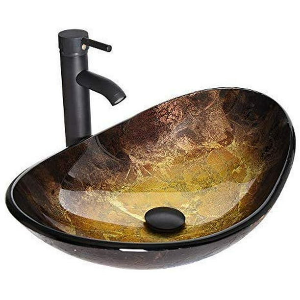 ELECWISH Boat Shape Bathroom Artistic Glass Vessel Sink Free Oil Rubbed