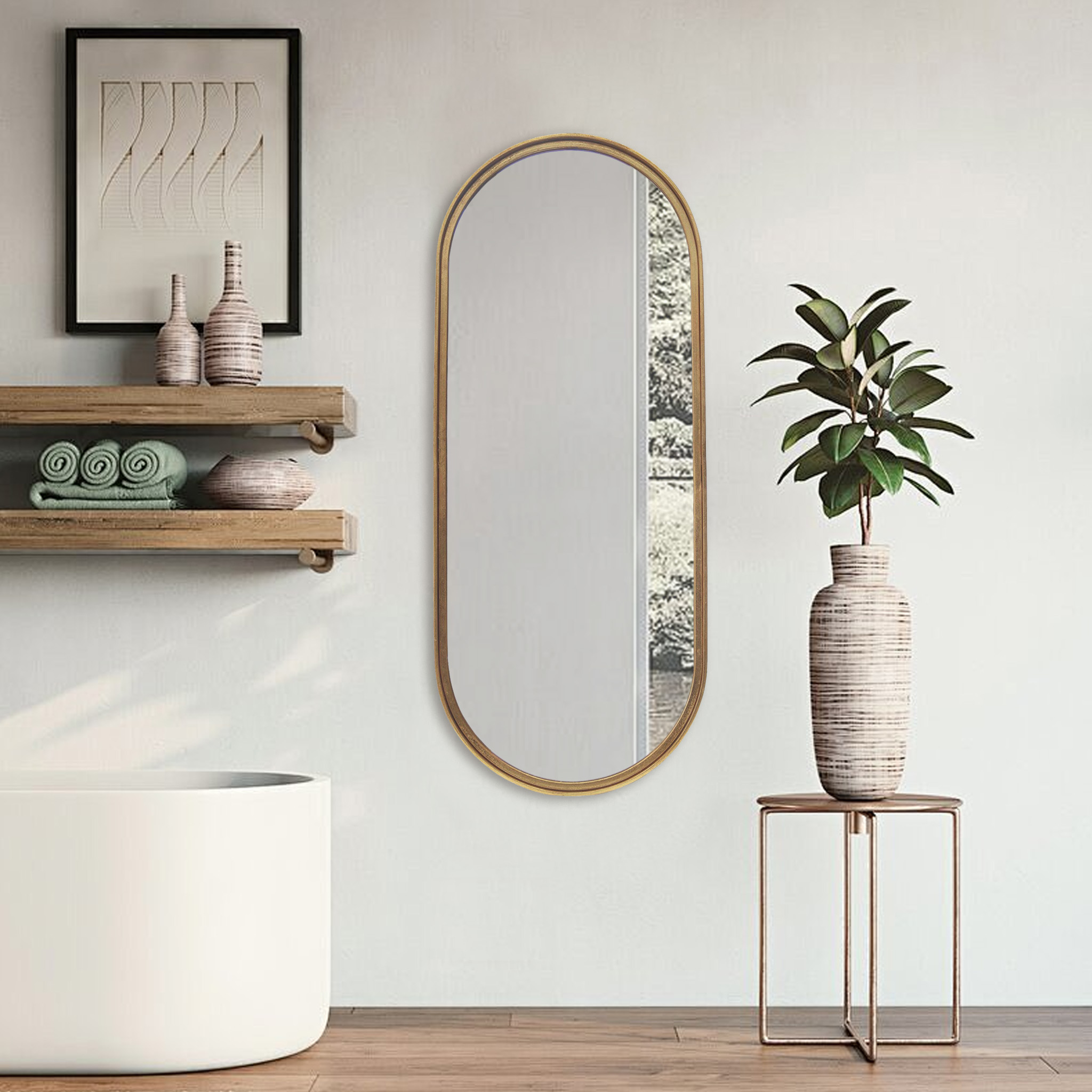 Parisloft Oval Capsule Wall Mirror With Gold Metal Frame, Antique Gold Oblong Full Length Wall Mirror for Bedroom, Bathroom, Living Room, 17.75 x 43.125 Inches