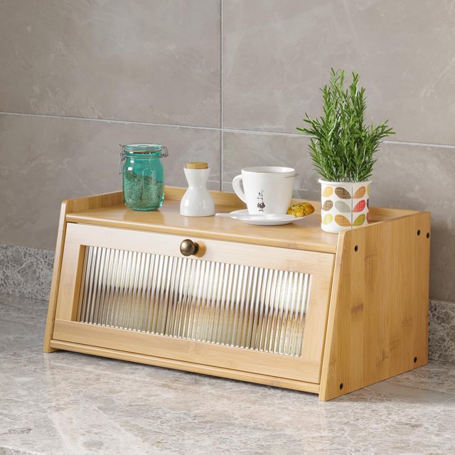 Bamboo Bread Box for Kitchen Counter, Wooden Large Capacity Bread Storage Bin with Window Bread Holder (Nature, Single Layer)