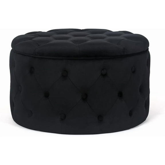 Adeco Modern 24.8 Inch Black Round Storage Ottomans Chair, Button Tufted Upholstered Ottoman Footstool with Storage for Living Room Bedroom