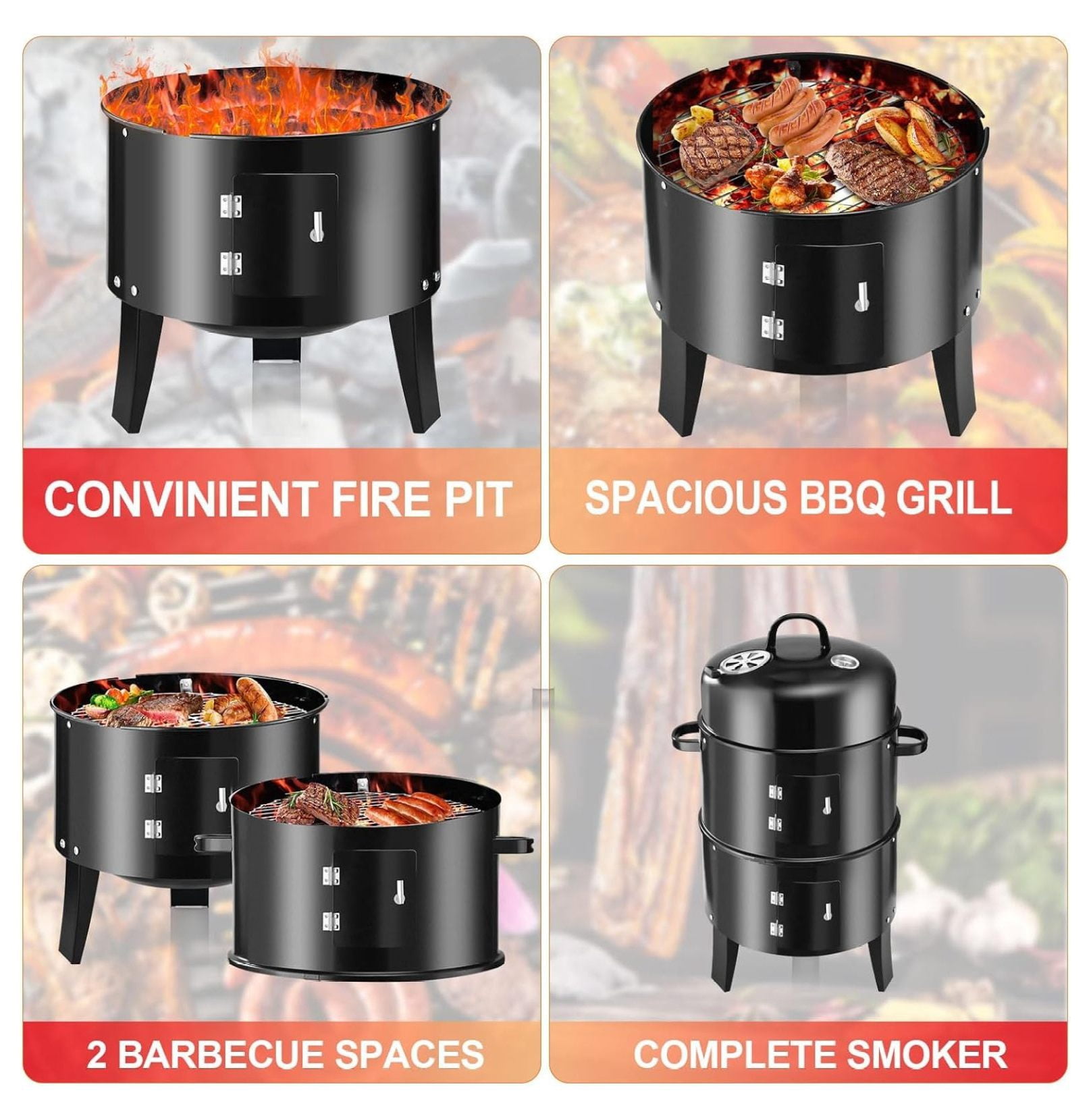 Vertical 19Inch Round Charcoal Smoker Grill,Heavy-Duty BBQ Smoker for Outdoor Multi-Layer Pellet Ideal for Meats-Offset Charcoal Grill with Thermometer,Black