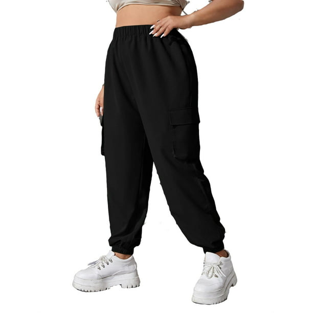Casual Solid Cargo Pants Black Plus Size Pants (Women's) - Walmart.com
