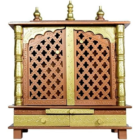Jodhpur Handicrafts Wooden Home Temple/Pooja Mandir/Mandap with White Light (LXBXH 24X12X29 Inch, Copper and Golden)