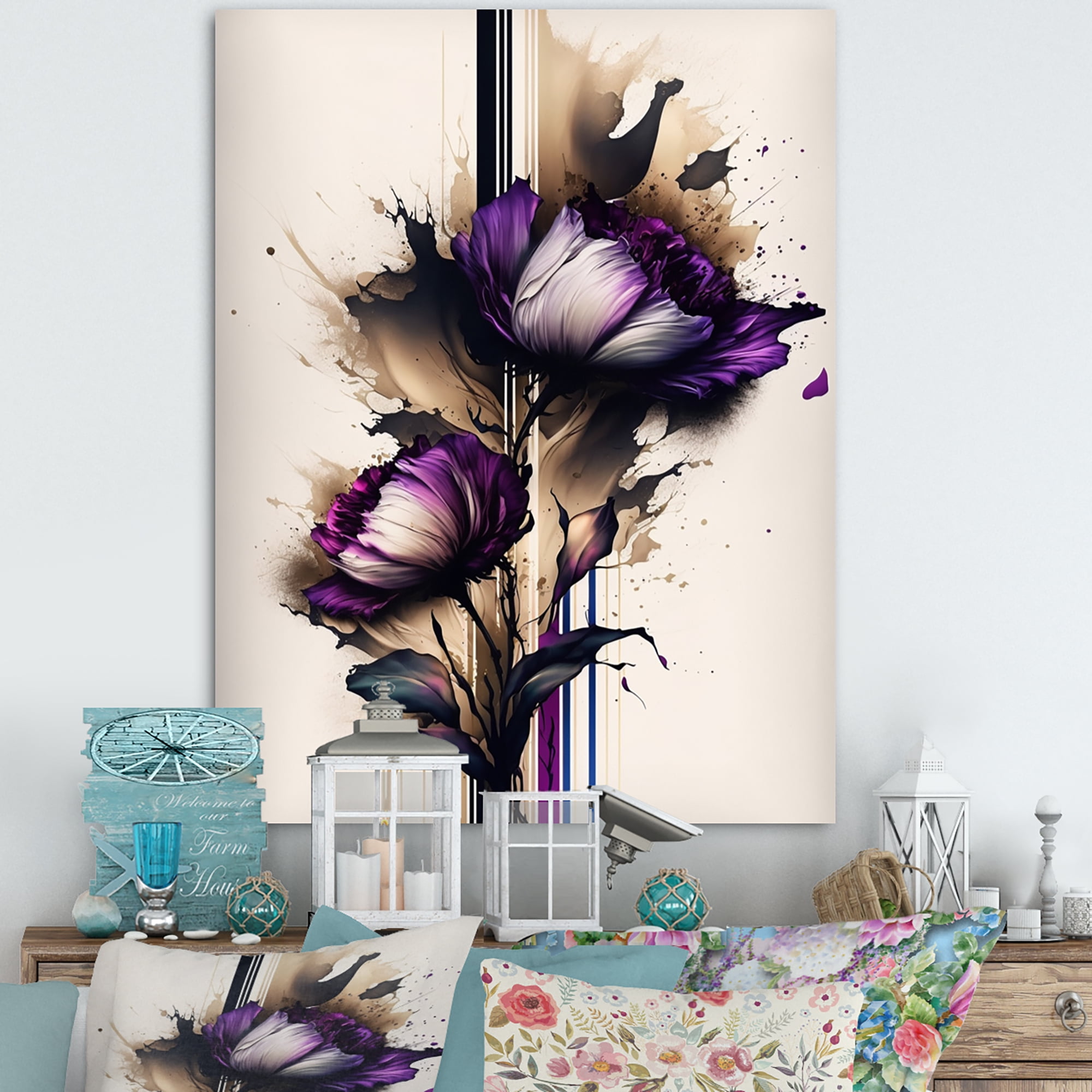Designart Puple Peony Flower On Abstract Paint I Canvas Wall Art