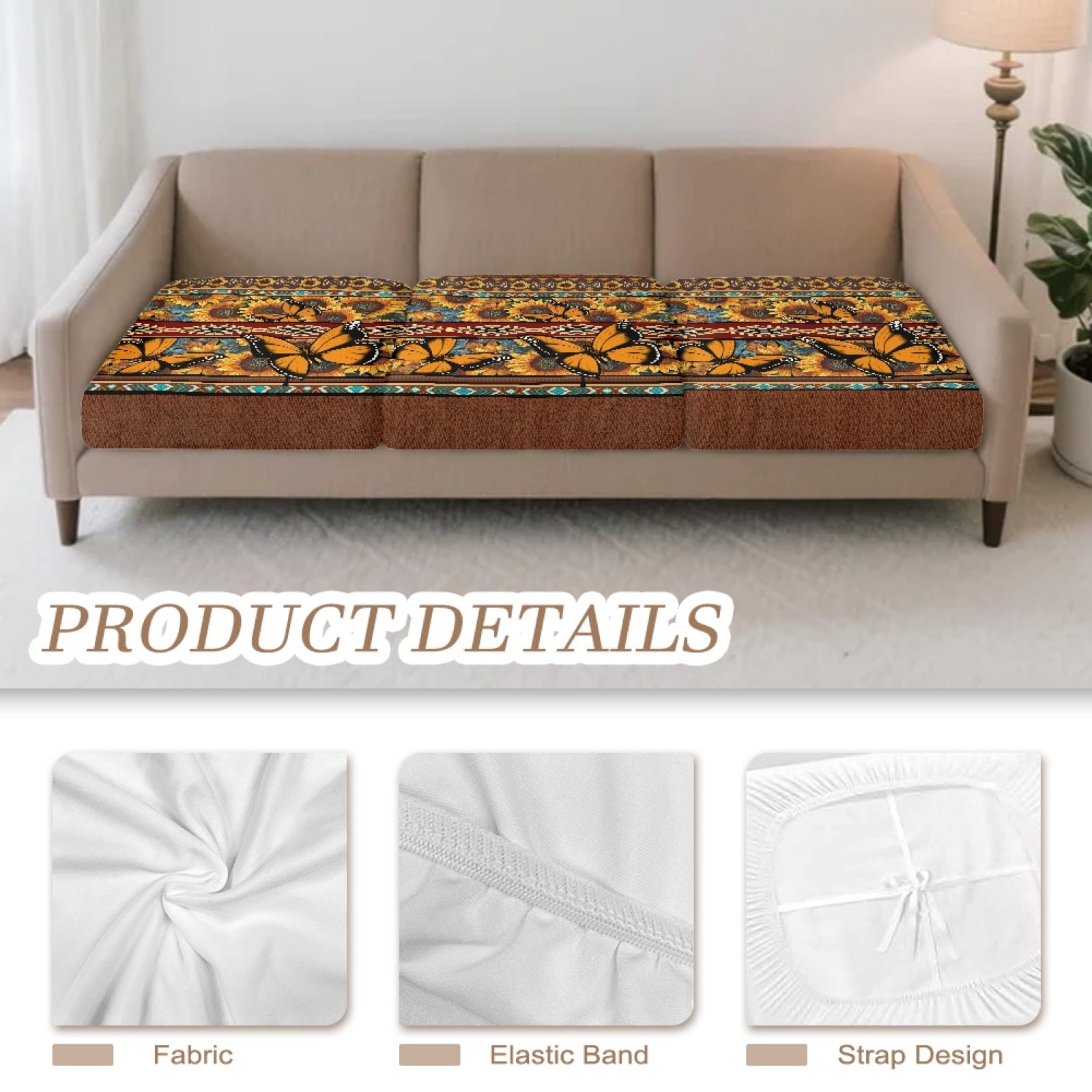 COEQINE Stretch Sofa Cover Fitted Individual Couch Cushion Cover Patterned Seat Cushion Slipcover Pet Sofa Slipcover Replacement for Living Room, 3 Pack, American Tribal Butterfly Sunflower