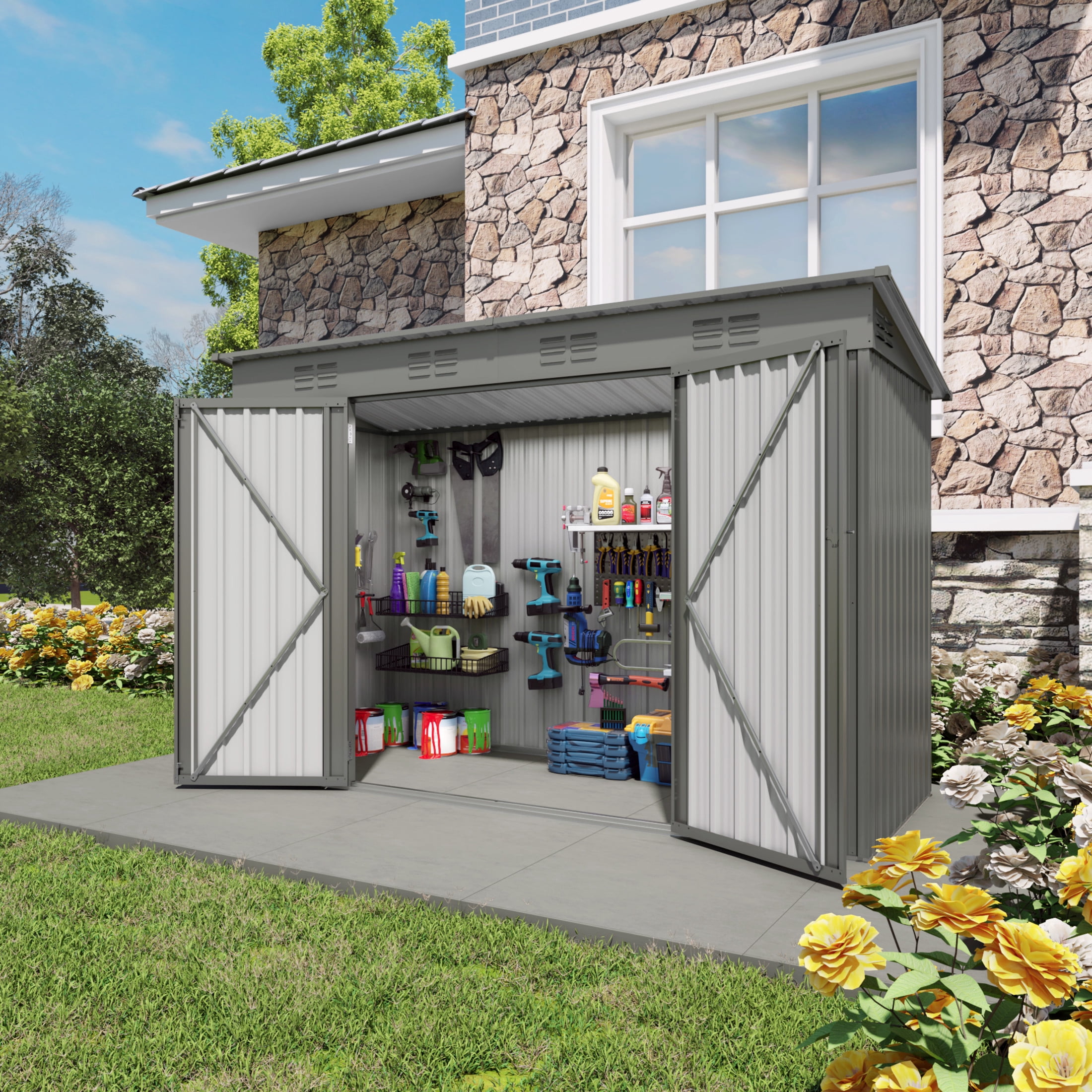 Noble House 4 x 9 FT Metal Storage Shed with Lockable Double Doors, 6 Vents, Gray