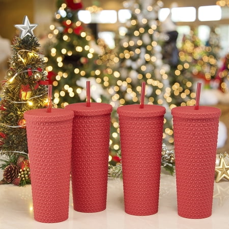 Mainstays 4pk 26oz DW AS Plastic Soft Touch Textured Tumbler with Straw, Red