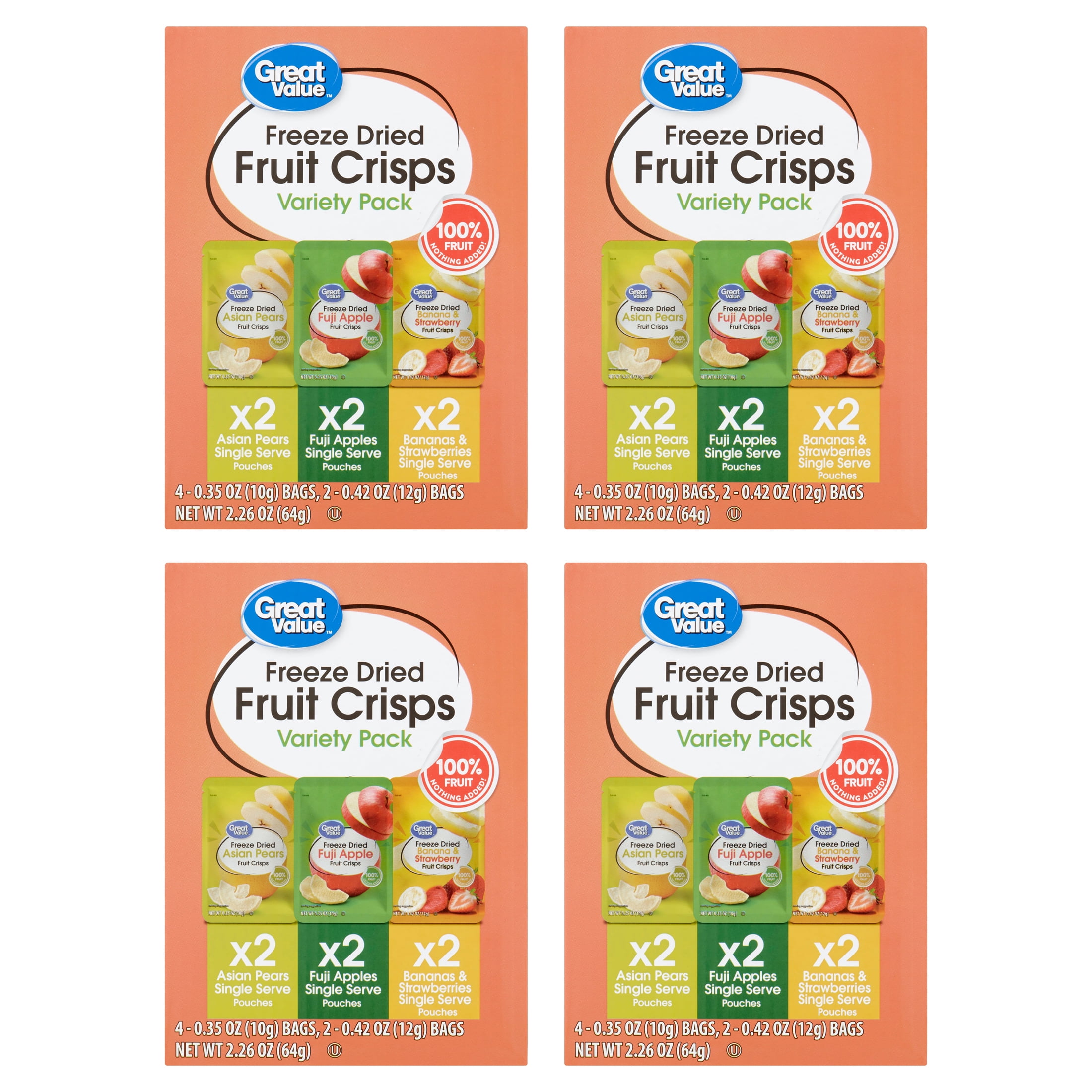 (4 pack) Great Value Freeze Dried Fruit Crisps, Variety Pack, 6 Count