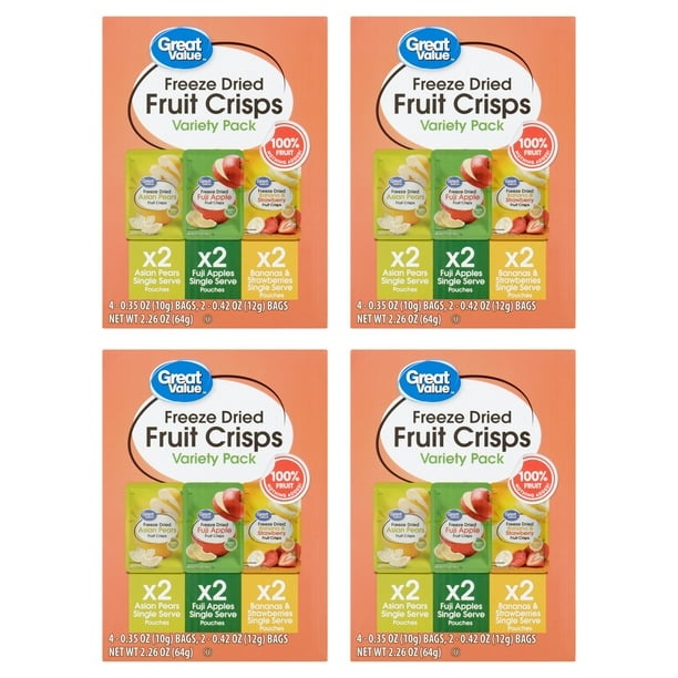 (4 pack) Great Value Freeze Dried Fruit Crisps, Variety Pack, 6 Count