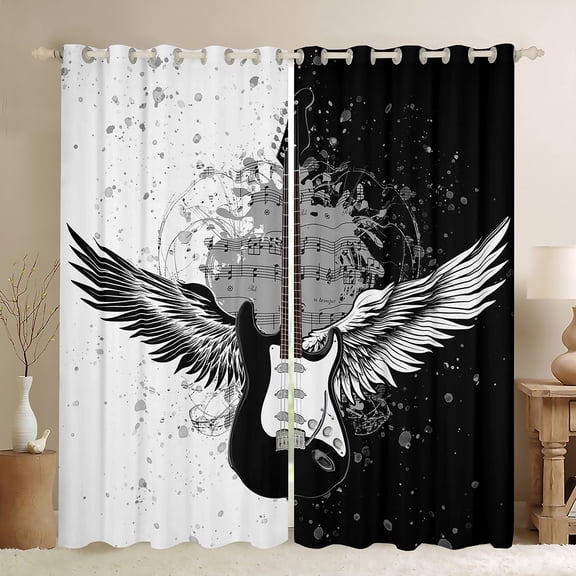 Manfei Music Guitar Black Out Curtains,Musical Instrument Curtains Pack of 2 (42x63 Each),White Black Bedroom Curtains For Girls Kids,Microfiber Bedroom Decor