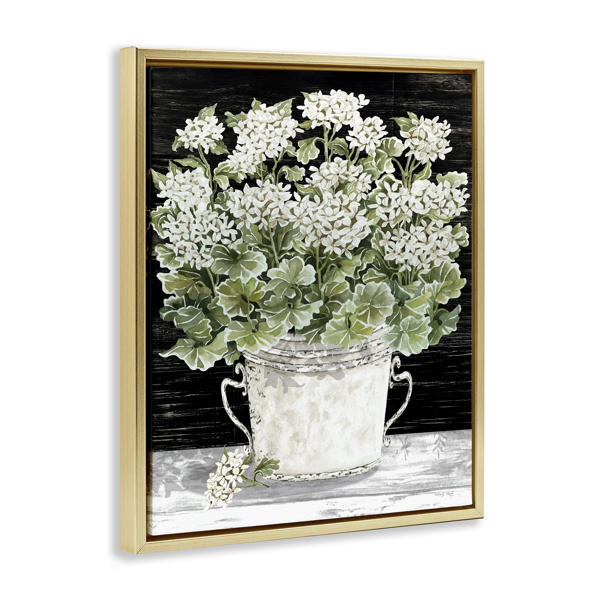 Stupell Industries Country Vase Baby's Breath Plants & Flowers Painting Gold Floater Framed Canvas Art Print Wall Art, 17 x 21