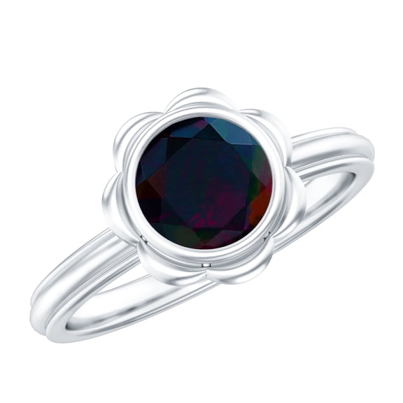 Rosec Jewels Black Opal Flower Engagement Ring - 1.6 Carat - Bezel Set Opal Ring for Women - AAA Grade Certified - with Jewelry Box, 925 Sterling Silver, US 4.00