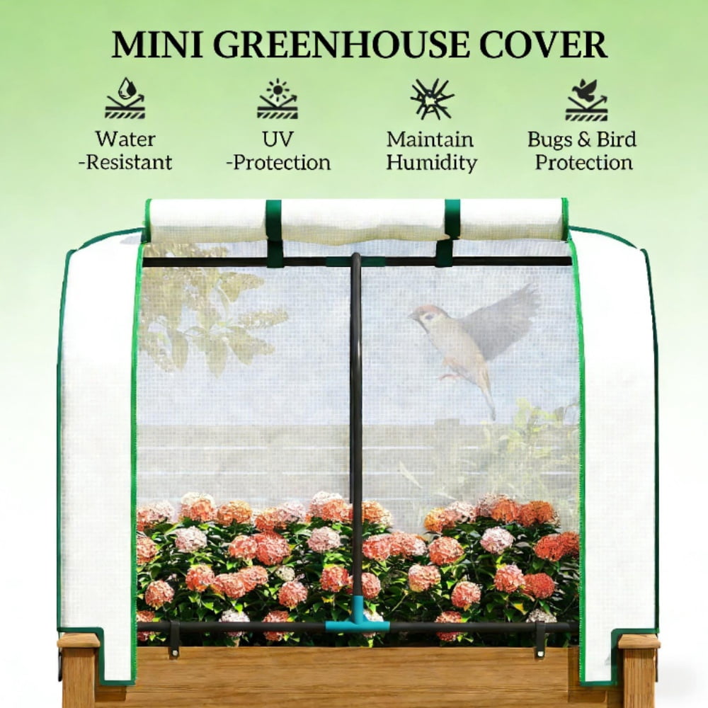 Raised Garden Bed with PE Cover, Fir Wood & Steel Frame, Roll-Up Ventilated Cover, Non-Woven Fabric, 4 Drainage Holes, 88 Lbs Capacity for Outdoor Plants Vegetables Flowers