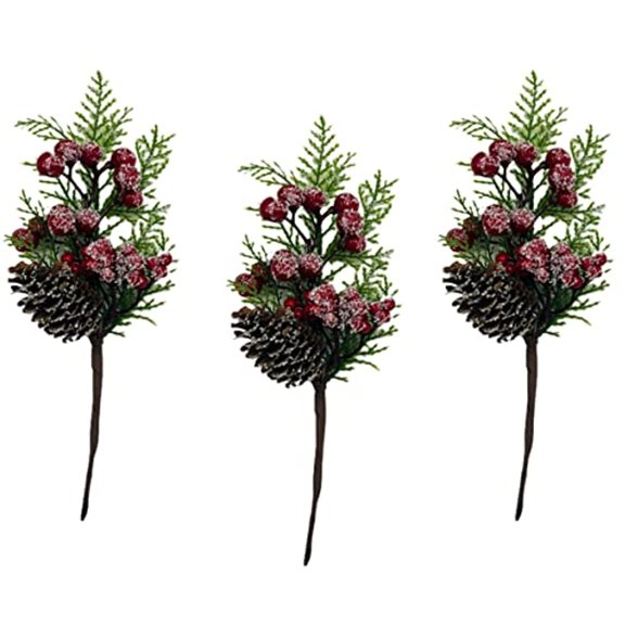 10 inch Christmas Greenery Flower Picks - Artificial Frosted Red Holly Berries Berry Pinecone Stem Spray for Crafts Party Home Decoration Wreath (Set of 3) (Frosted with Red Berries)