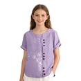 thumbnail image 5 of Ruyang Teen Girls Cotton Linen Tops Cute Print Button Down Crewneck T Shirt Summer Loose Lightweight Outdoor Casual Short Sleeve Shirts, 5 of 8