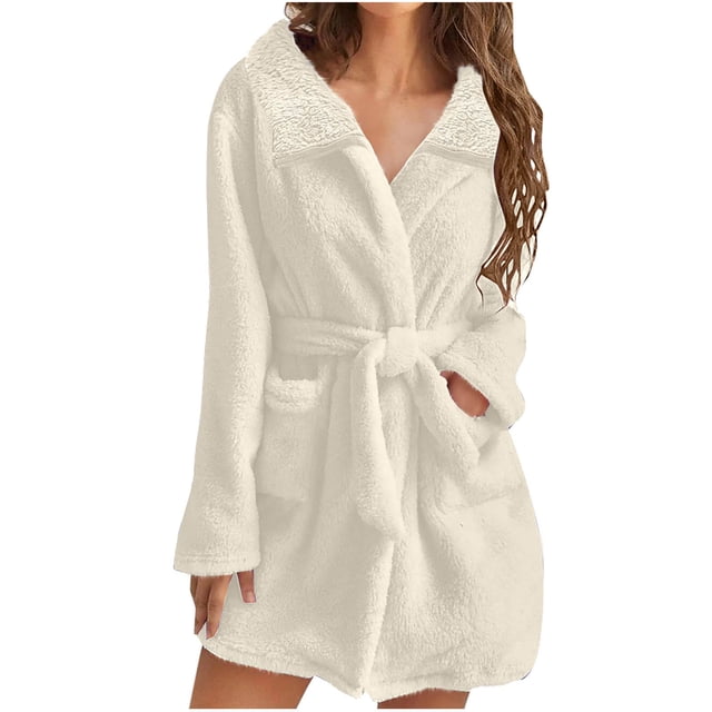 cfhntfmh Womens Fuzzy Robe Mid Length Bathrobe Belted Long Sleeve Soft Bath Robes Plush Fall Winter Spa Robes with Pockets