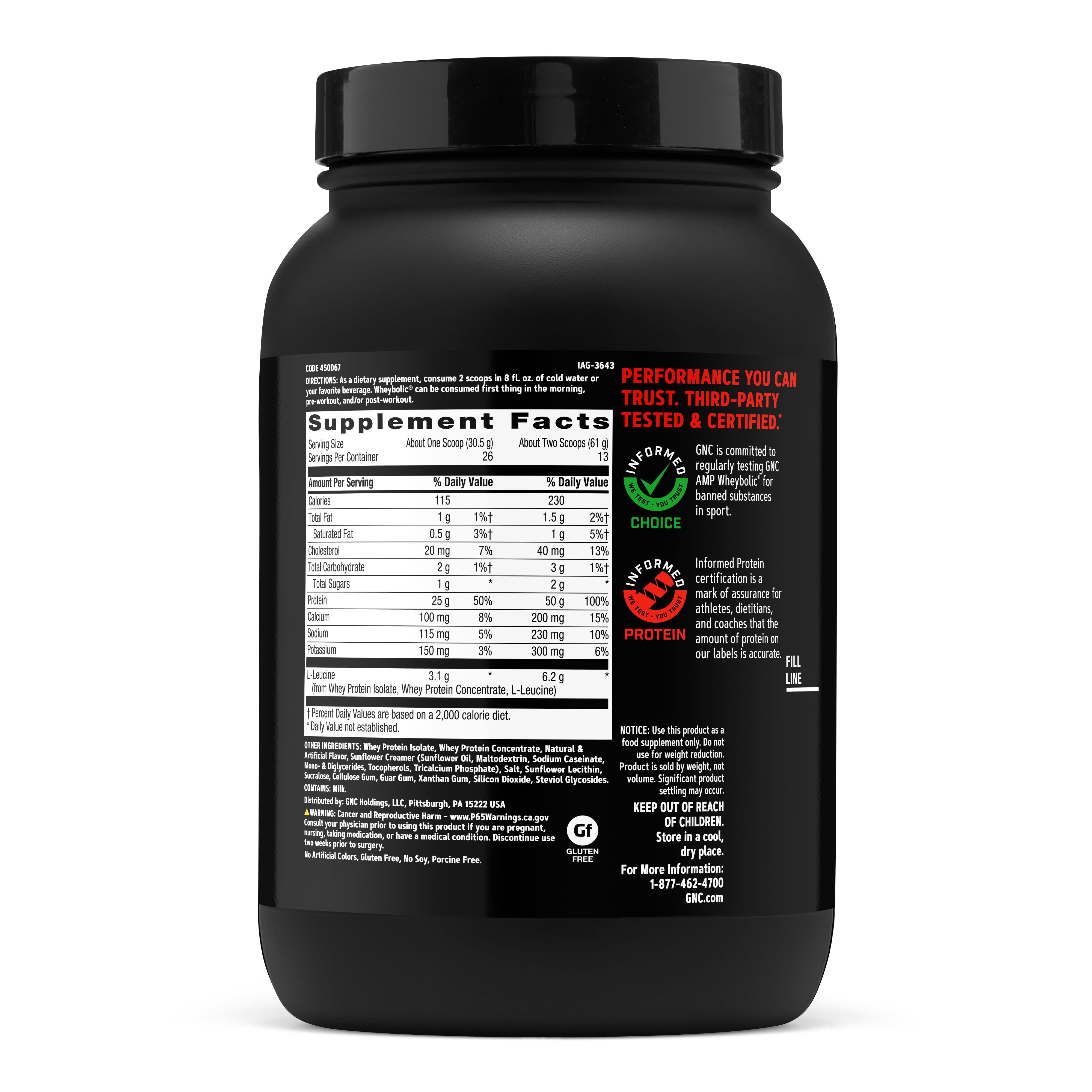 GNC AMP Wheybolic Clinically Proven Protein Powder, 50g Whey Protein, BCAA, Leucine, Increases Muscle Strength, Muscle Building, 3rd Party Tested, Gluten Free, Classic Vanilla 13 Servings