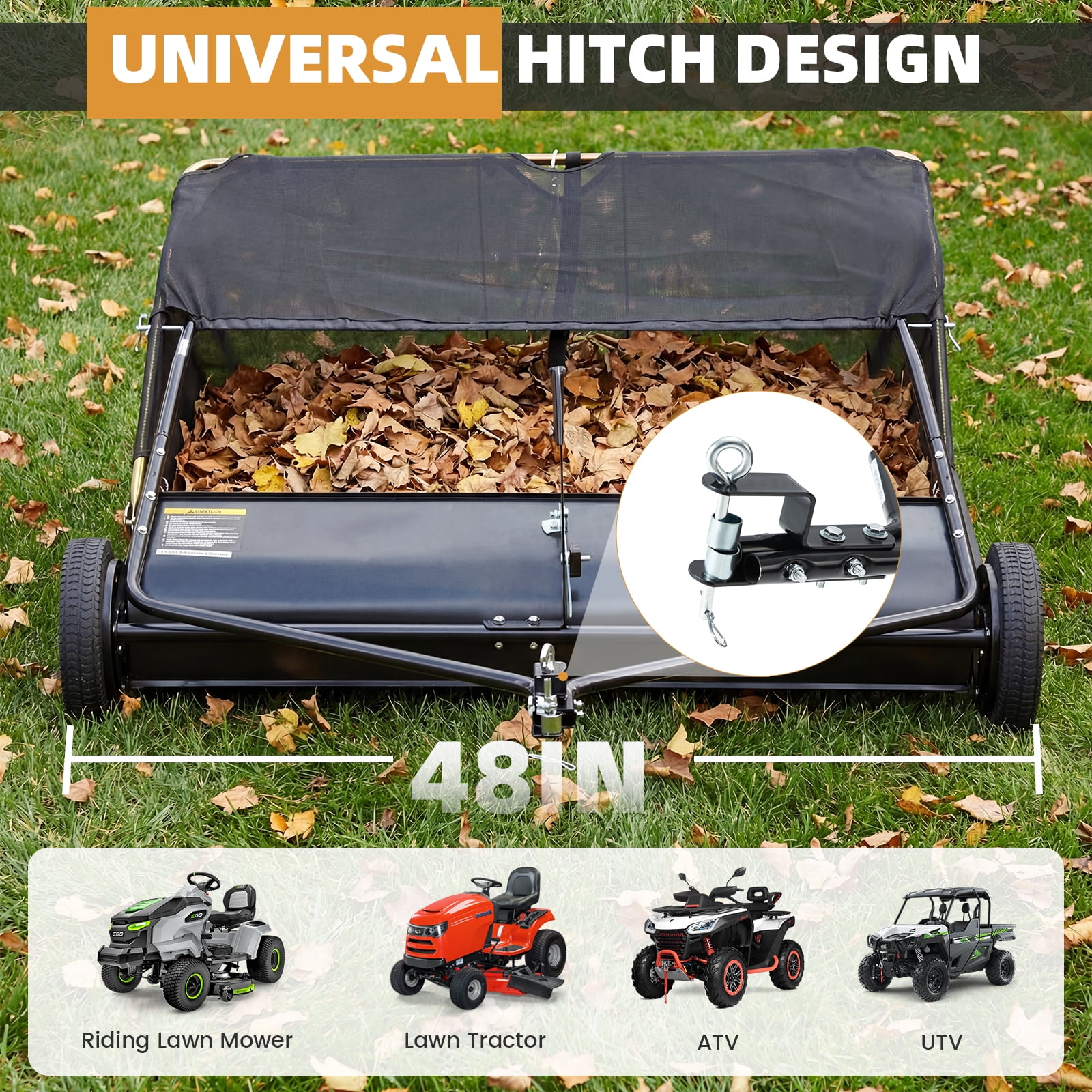 JFHID 48-Inch Tow-Behind Lawn Sweeper with16 Cu.Ft Large Hopper Pull Behind Grass & Leaf Collector for Yard