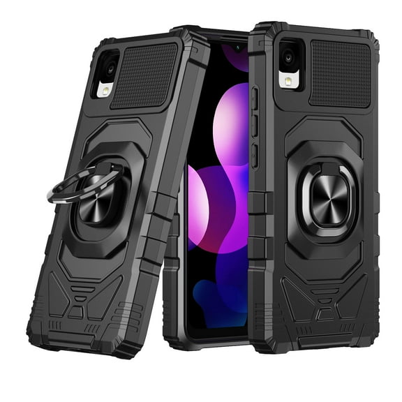 For TCL 30 Z Armor Dual Layer Metal Ring Stand Magnetic Car Mount Hybrid Impact Protective Shockproof Case Cover Black