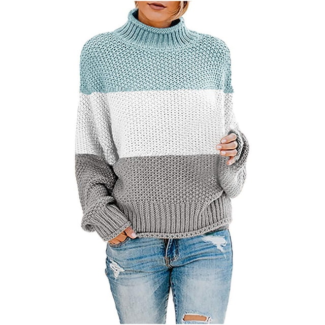EGNMCR Chandails pour Femmes Hiver Femmes Tricot Couleur Assortie Col Rond Ample Décontracté Hauts de Chandail