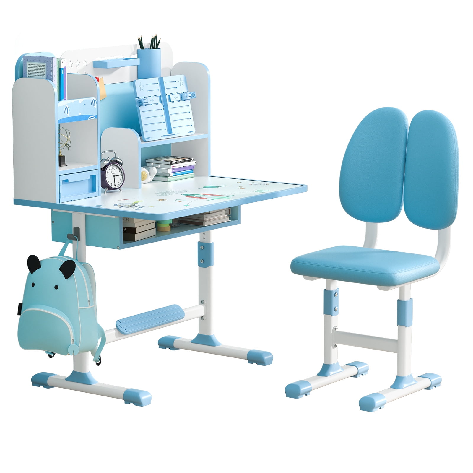 AurumEdge Kids Study Desk Chair Set, Ergonomic Desk Chair with Book Stand, Height Adjustable Children School Study Table Chair Set with Sitting Corrector, Foot Pedal, Partition Design (Blue)