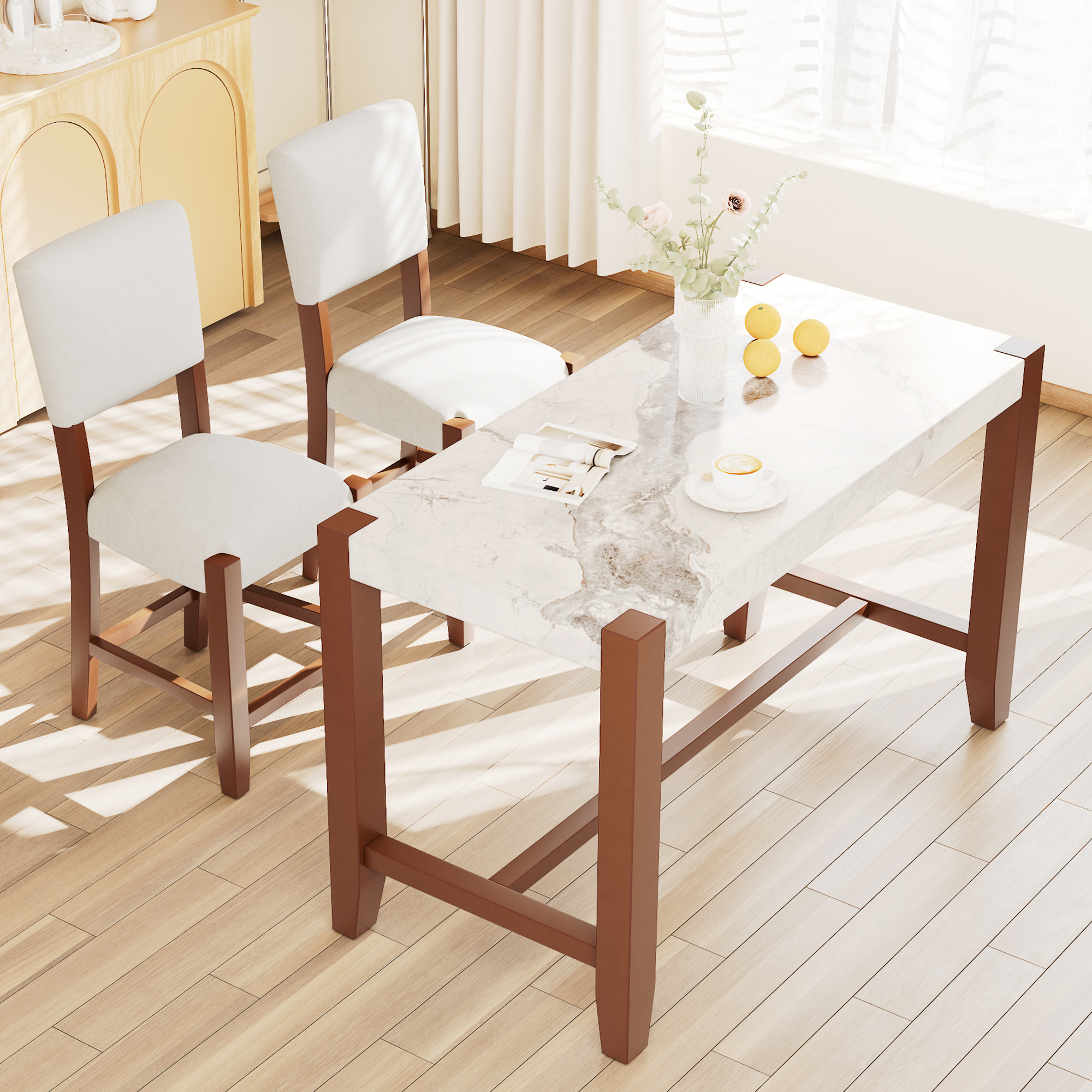 Euroco 3-Piece Counter Height Dining Table Set for 2, 47" Faux Marble Bar Table with 4 Upholstered Chairs and Solid Wood Frame,Mid-century Modern Dining Set for Dining Room,Perfect for Small Spac