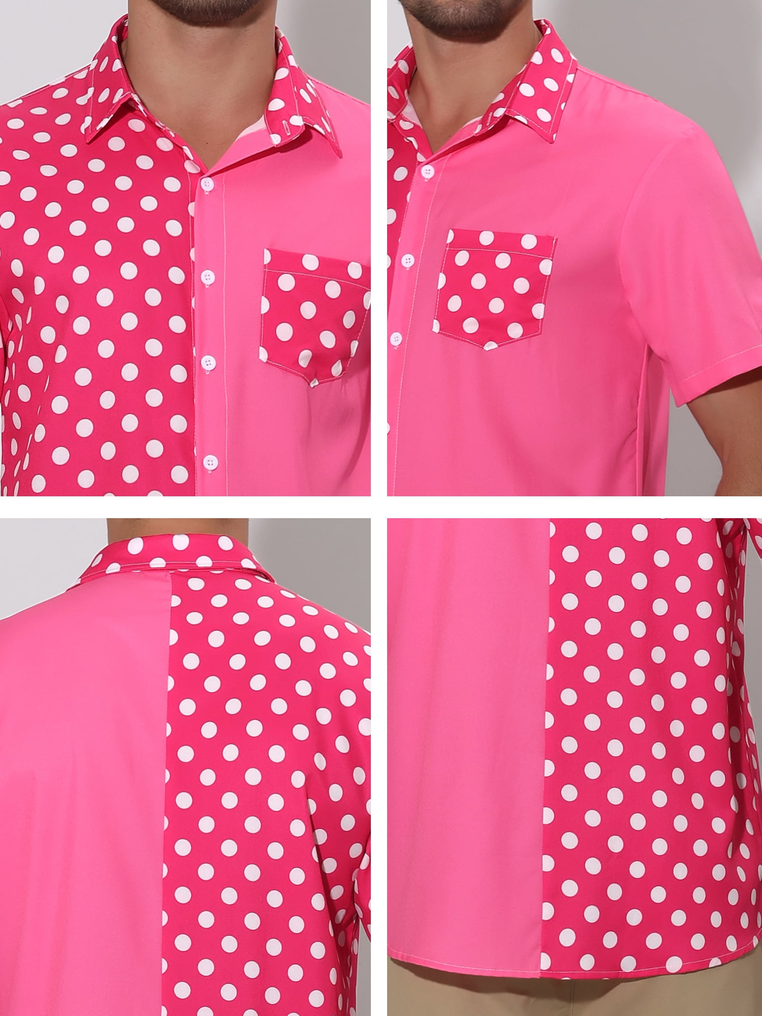 Unique Bargains Men's Summer Polka Dots Short Sleeves Button Down Patchwork Shirt S Pink