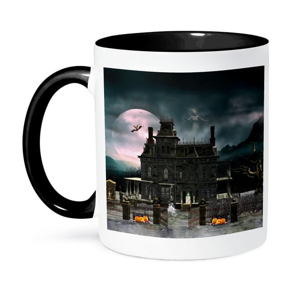 3dRose, A Halloween haunted house in the night with ghosts and creatures, 11oz Two-Tone Black Mug