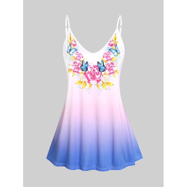 Top Sin Mangas de Talla Grande con Estampado de Mariposa de Color Degradado Rosegal Camisetas sin mangas de talla grande