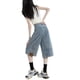 thumbnail image 5 of Pantalones vaqueros de pierna ancha de seis puntos para mujer, novedad de verano 2024, pantalones con diseño de chanclas, pantalones azul claro de cinco puntos, 5 of 5