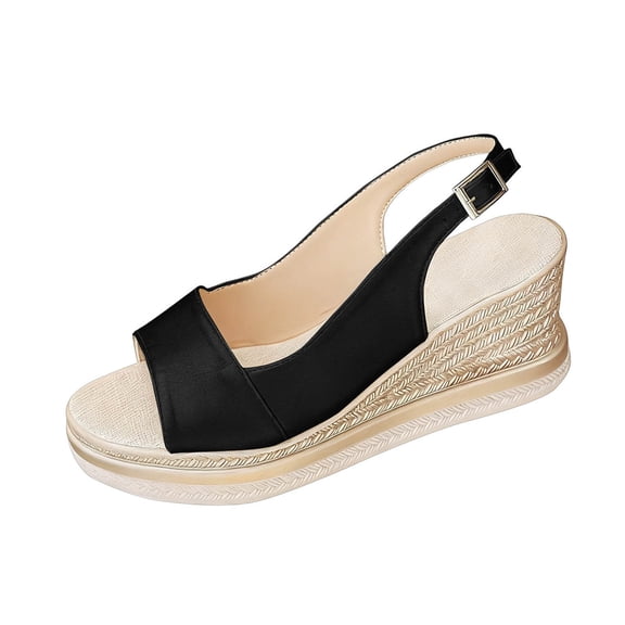 HomeDM Women's Espadrilles Platform Wedge Slingback Sandals Open Toe Slip-On Summer Walking Beach Sandals, Black Size 8.5